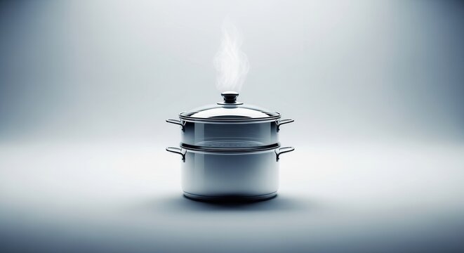Modern stainless steel food steamer cooking with rising steam against a clean light background