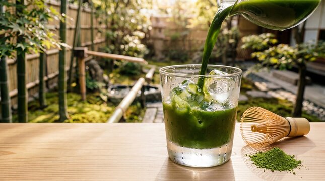 Pouring iced matcha green tea into a glass with ice cubes in a sunny Zen garden
