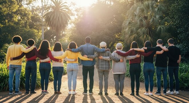 Group of people standing together in a sunlit field with arms linked in unity