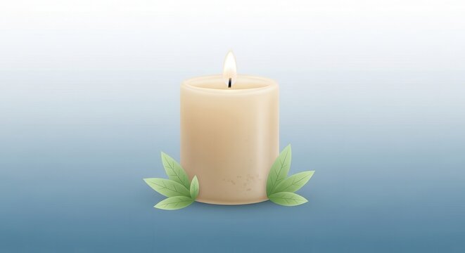 Warm glow of a natural candle surrounded by serene green leaves on a tranquil blue background