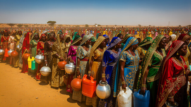 A long line of dignified African women, adorned in vibrantly colored and richly embroidered traditional garments, patiently wait while carrying various containers for collecting essential water,