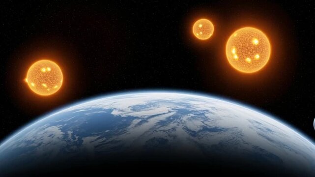 Multiple suns orbiting the Earth with moons in space