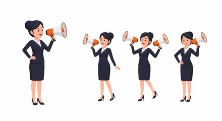 Obraz premium Four cartoon illustrations of a confident businesswoman in a suit holding a megaphone, making an announcement or communicating a message.