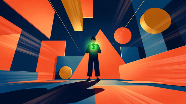 A confident, stylized professional, emblematic of financial acumen and strategic vision, stands prominently holding a radiant, glowing green dollar sign, powerfully symbolizing wealth, opportunity,