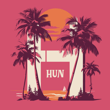 HUN with Palm Trees and Sunset Illustration