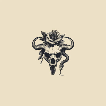 Vintage engraving illustration of a bull skull with a blooming rose on top and a snake coiled around the horns