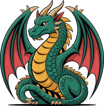 Vibrant green dragon with yellow underbelly and red wings