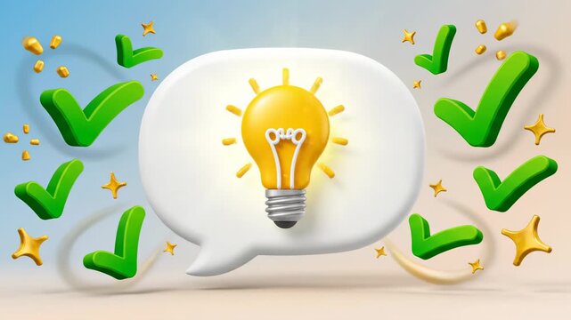 Idea validation success 3d rendered animation showing lightbulb with speech bubble and green check marks for business approval