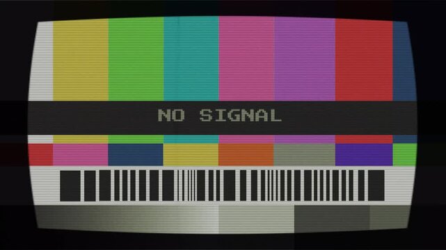 Classic TV screen with 'NO SIGNAL' message, featuring colorful test pattern bars and visual glitches