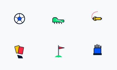 Hand-drawn professional football equipment icons including soccer ball, cleats, whistle, penalty cards, corner flag, and glove authentic illustration.  authentic illustration © adobestockimagesai