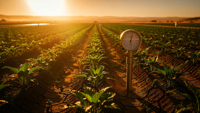 A precise metallic tensiometer instrument measuring soil moisture levels features a round dial with a visible needle indicator attached to a sturdy cylindrical pole installed directly into the dry