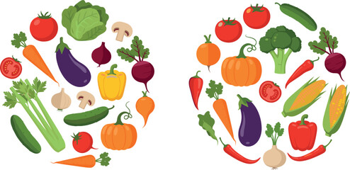 Obraz premium Illustration Set of Fresh Vegetables Including Carrots, Tomatoes, and Pumpkins in Circular Arrangement