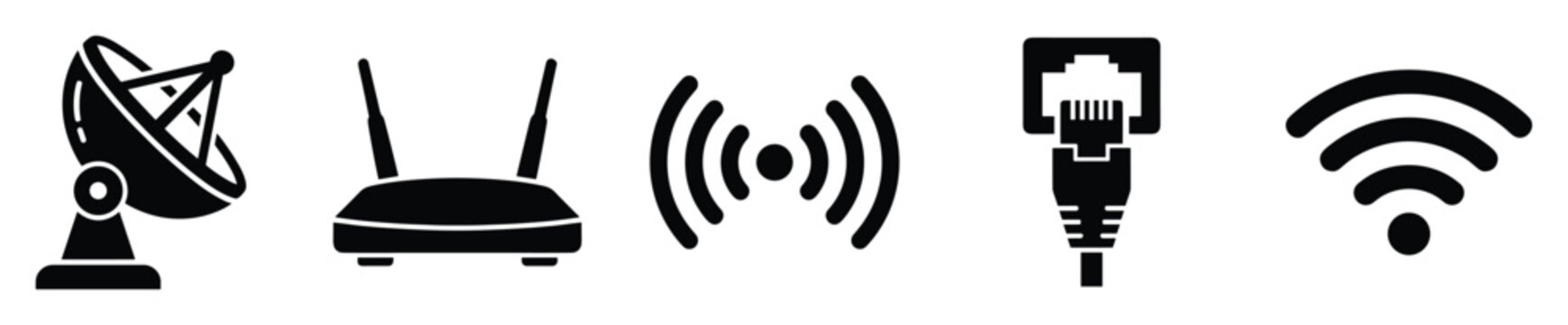 Comprehensive collection of network and communication symbols including satellite dish, wireless router, internet signal, and ethernet connector for various tech applications and