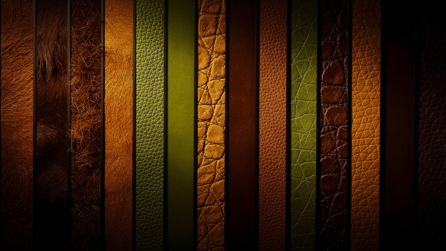 Detailed collection of diverse leather swatches featuring various rich textures and vibrant natural colors arranged in vertical stripes to showcase premium upholstery materials perfect for luxury