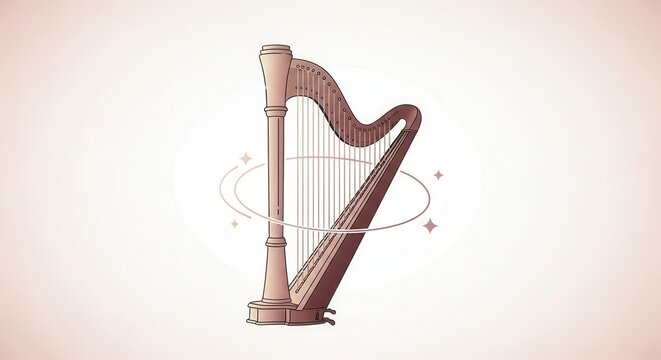 Whimsical musical instrument graphic design of a graceful harp creating enchanting melodies and