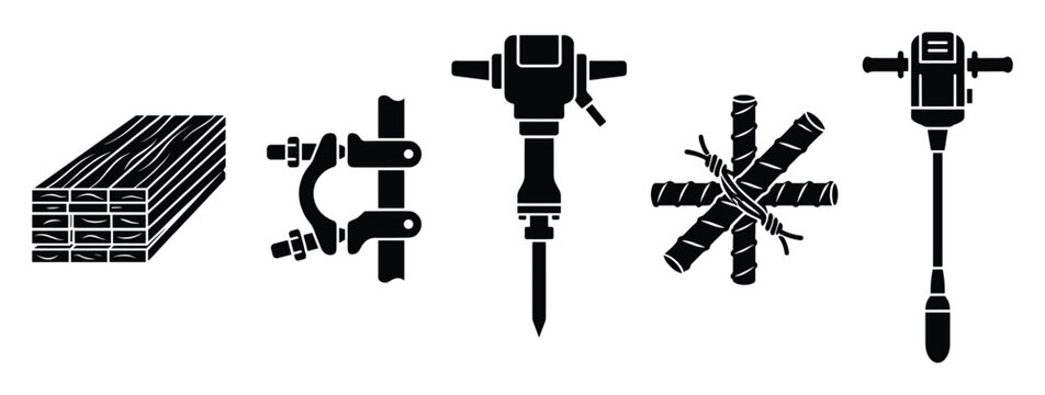 Essential construction building materials and heavy equipment silhouettes including stacked lumber, rebar, jackhammer, scaffolding clamp, and a soil compactor for industrial graphics.