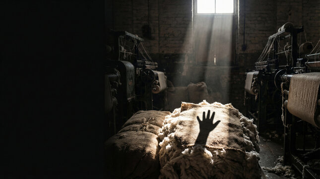 Small child hand reaching out from burlap sacks in dark textile factory for World Day Against Child Labour, conceptual metaphor of industrial exploitation and modern slavery with cinematic light