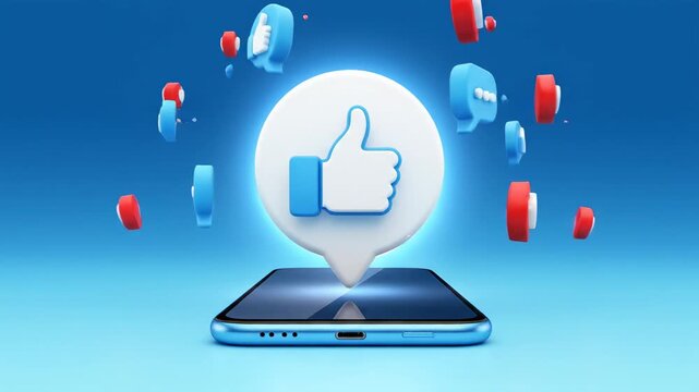 Smartphone with social media icons thumbs up notification and floating chat bubbles communication and digital connectivity modern technology 3d render