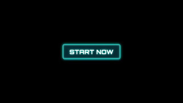 Glowing blue neon start now button on black background. 4K Video