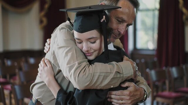 Padre orgulloso abrazando a su hija en su ceremonia de graduaci&oacute;n universitaria.