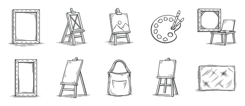 Collection of essential sketchstyle painting tools and artist supplies, including canvases, easels, palettes, and brushes, ideal for creative projects and workshop promotions.