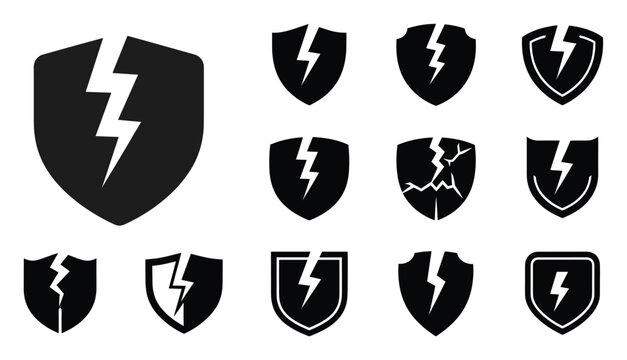 Set of broken shield with lightning bolt icons representing security breach data protection failure and danger useful for cybersecurity warnings alert systems error messages