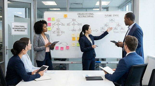 Conceptual visual representation of corporate restructuring and strategic business reorganization involving organizational change management for optimization and efficiency in professional workplace.