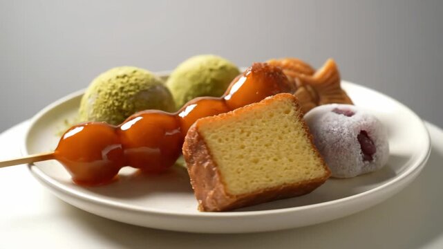 Delicious assortment of traditional japanese wagashi desserts, featuring bright green matcha mochi and sticky, glazed mitarashi dango served on a clean white plate.