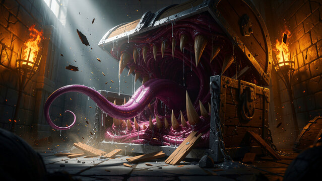 A formidable fantasy mimic treasure chest, with a wide-open maw, displays rows of fearsome, sharp teeth, a grotesque purple tongue, and dripping drool, embodying a dangerous, magical, dungeon