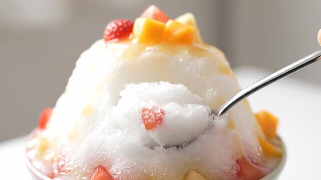 Close-up of sweet korean shaved ice dessert (bingsu) with fluffy white texture, drizzled with golden syrup and fresh strawberries, being scooped by a spoon, perfect summer treat.