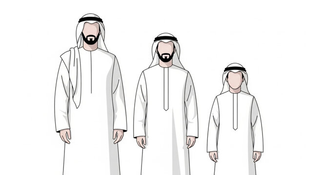 Three Arab men in traditional white clothing, standing together.