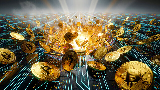 Golden Bitcoin cryptocurrencies are dramatically rising and falling across a dark, glowing circuit board, symbolizing rapid digital financial growth, blockchain technology, investment opportunities,