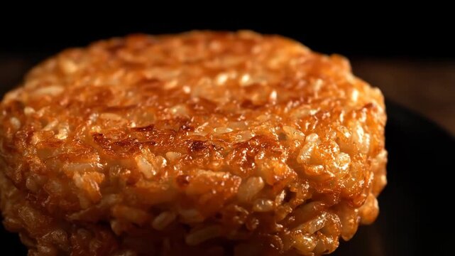 Extreme close up of a perfectly crispy, golden-brown hash brown potato rosti served on a sleek black plate against a moody, dark culinary background.