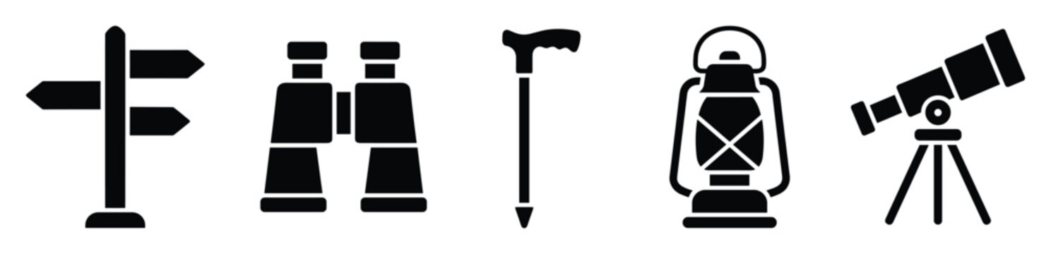 Outdoor adventure and exploration icons including a signpost binoculars walking stick lantern and telescope for travel and camping themed graphic applications
