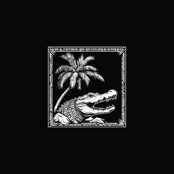 illustration featuring an alligator's head with an open mouth and sharp teeth, set against a single palm tree