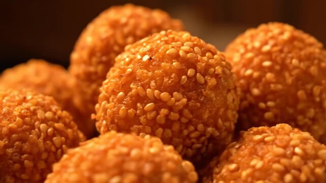 Extreme close-up of golden deep-fried sesame balls (jian dui) showing crispy texture. appetizing asian dessert or street food snack.