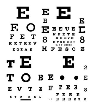 Eye exam chart set with solid black icon on white background featuring ophthalmology, eye chart, medical icon with vector design and monochrome