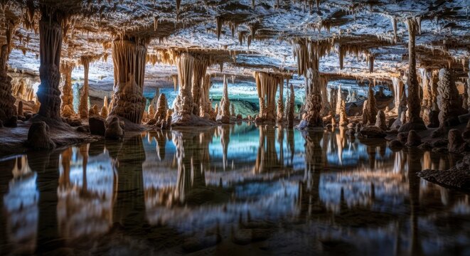 Stunning Reflections in the Grutas de Mira de Aire Cave, Portugal.