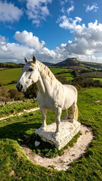 Statue of a white horse on a stone pedestal against a backdrop of rolling green hills and a blue sky with puffy white clouds