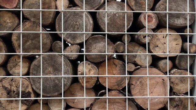 Stacked logs rest inside a metal wire cage. Rustic wood textures show signs of age and weather. Metal grid pattern frames the natural wood grain. Ideal for construction, forestry. natural, nature. 