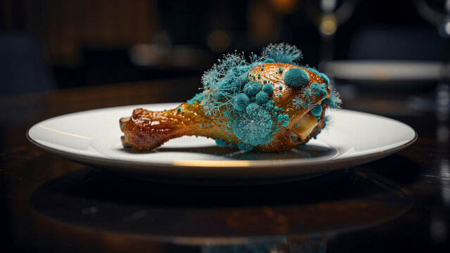 A dangerously spoiled roasted poultry drumstick, meticulously covered in striking bright blue, abstract, fuzzy, and spiky microbial growths, resting on a clean white plate, creating a visually