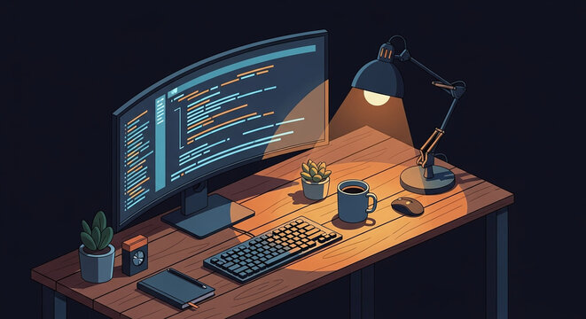 Late night coding setup illustration with glowing monitor and desk lamp