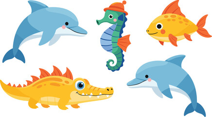 Fototapeta premium Cute Sea Animal Collection with Dolphin, Seahorse, Fish and Crocodile in Cartoon Style, Colorful Marine Wildlife Illustration for Kids Design and Educational Projects