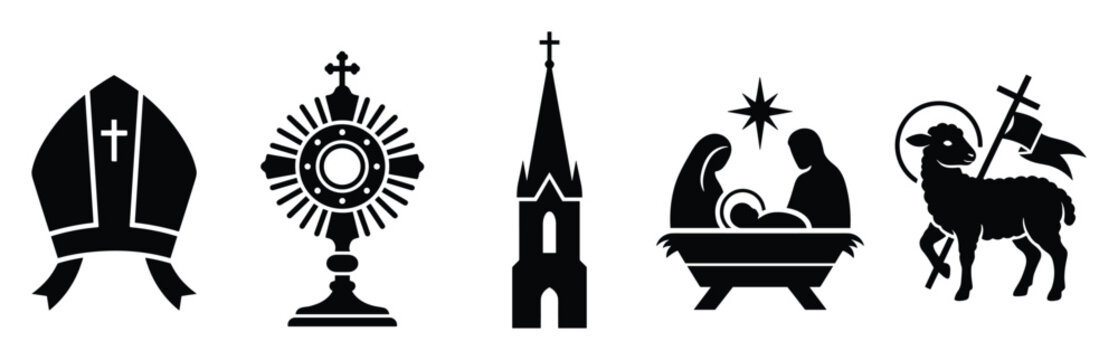 Significant Christian religious symbols including miter, monstrance, church spire, nativity scene, and Agnus Dei, ideal for spiritual education and faithbased graphic design resources.