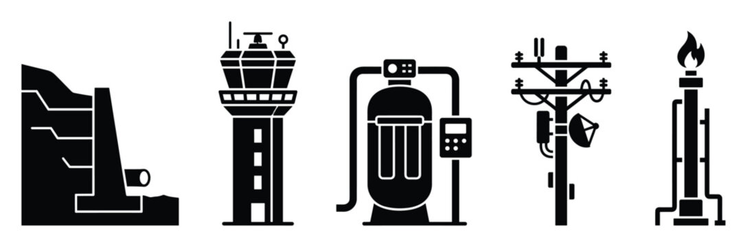 Essential infrastructure glyphs showing a water dam, airport control tower, water purification unit, power line pole, and gas flare stack for technical resource visuals.