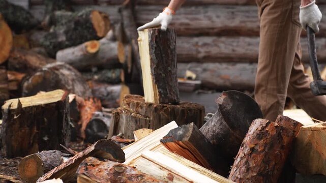 Close up of chopping wood with an axe against a log wall background. Slow motion 4K ProRes 422 manual labor.