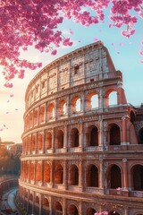 Obraz premium Serene sunlit ancient stone amphitheater at golden hour framed by pink cherry blossoms and falling petals