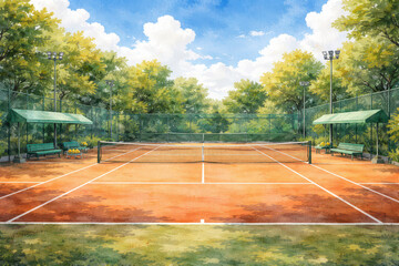 Fototapeta premium A serene tennis court surrounded by lush greenery and blue skies.