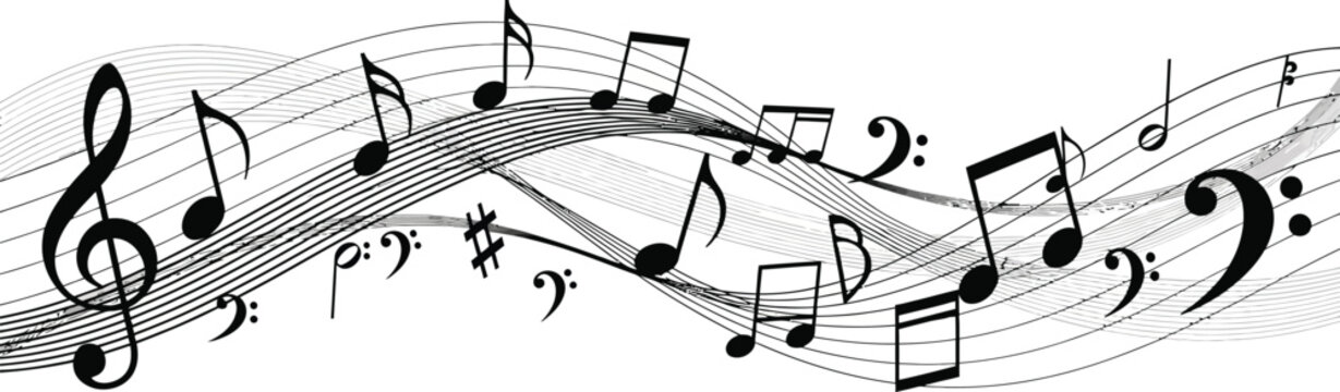 Musical Notes Floating on Wavy Lines Isolated on White