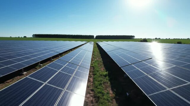 Large solar panel field under bright sun, generating clean renewable energy, sustainable power technology.